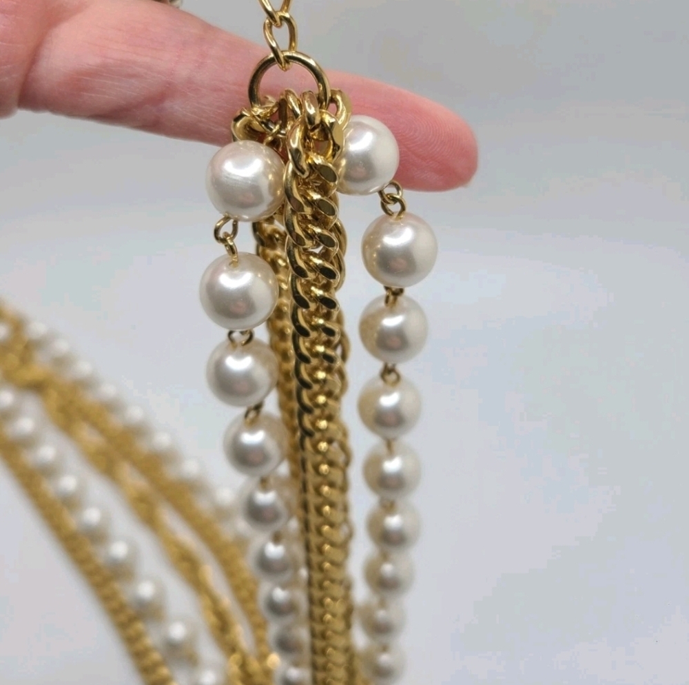 Vtg Elegant Gold and Pearl Multi Strand Choker Necklace - Picture 5 of 5
